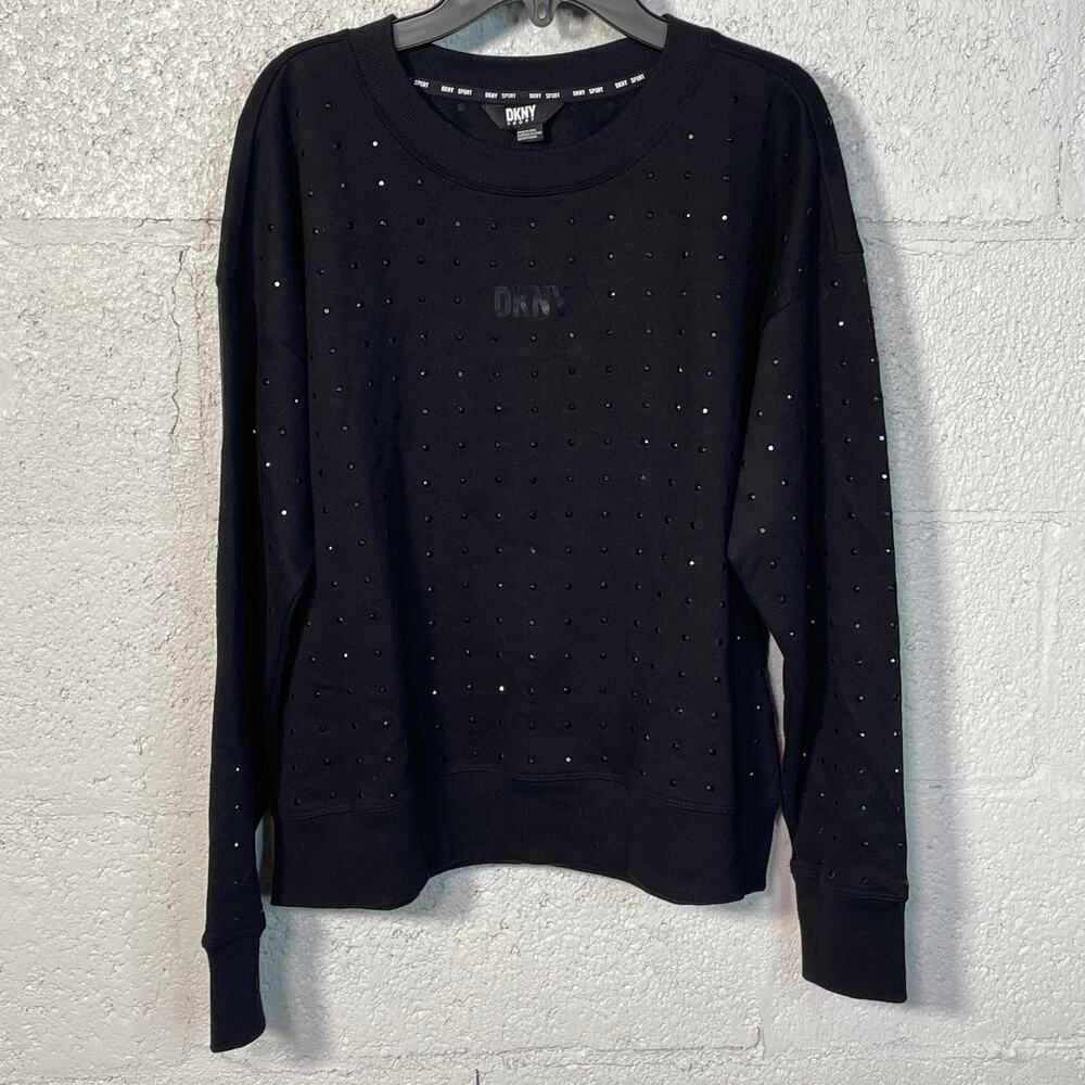 DKNY Women's Rhinestone Embellished Logo Fleece Sweatshirt S/MBLack